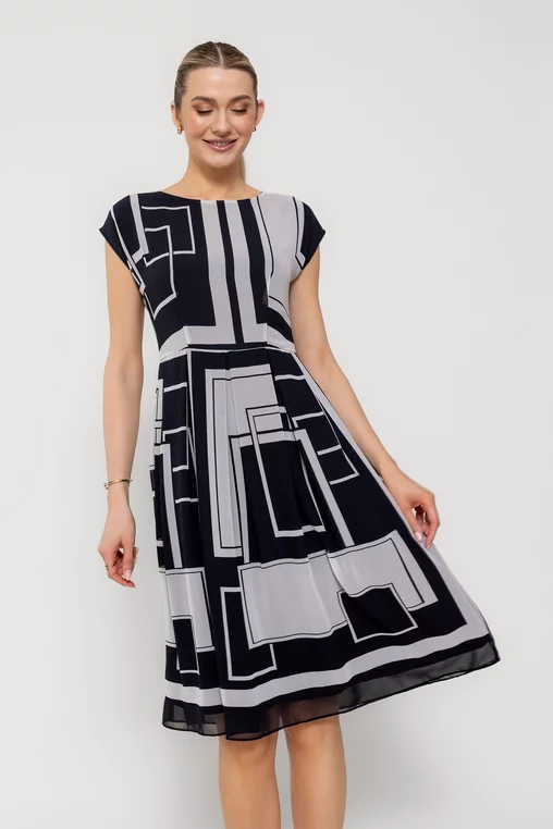 Rochie Caramel cu umăr căzut alb-negru R8513 picture - 3