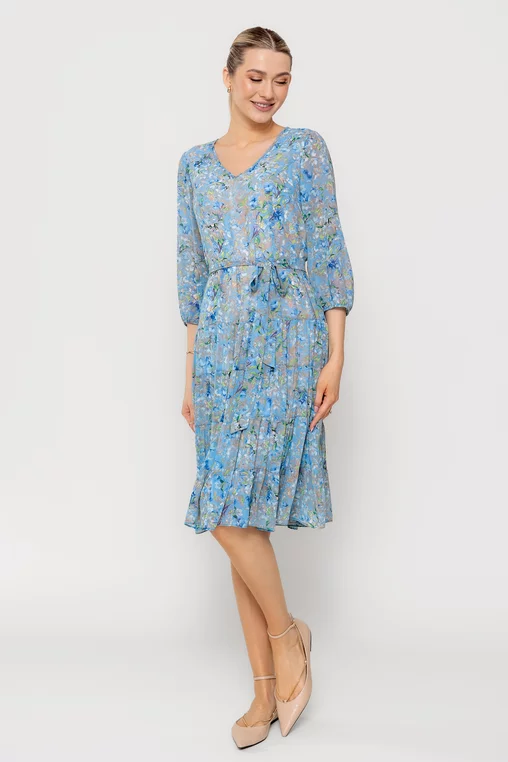 Rochie Caramel cu volane și cordon albastră R8514 picture - 7
