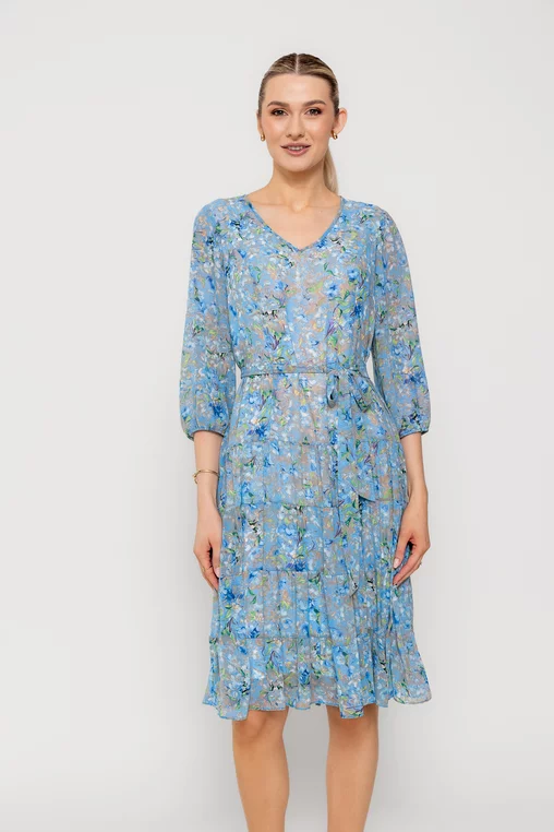 Rochie Caramel cu volane și cordon albastră R8514 picture - 5