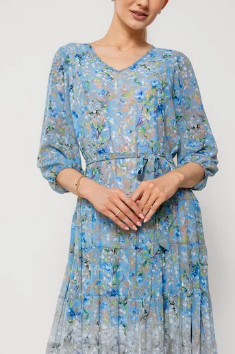 Rochie Caramel cu volane și cordon albastră R8514