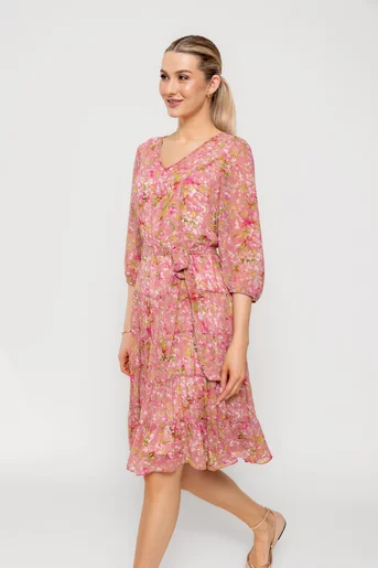 Rochie Caramel cu volane și cordon roz R8514