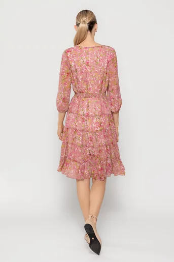 Rochie Caramel cu volane și cordon roz R8514