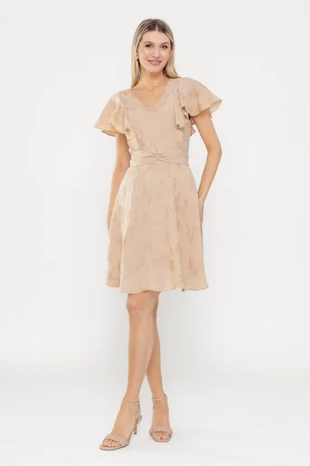 Rochie Caramel din in cu cordon și volane bej R8543