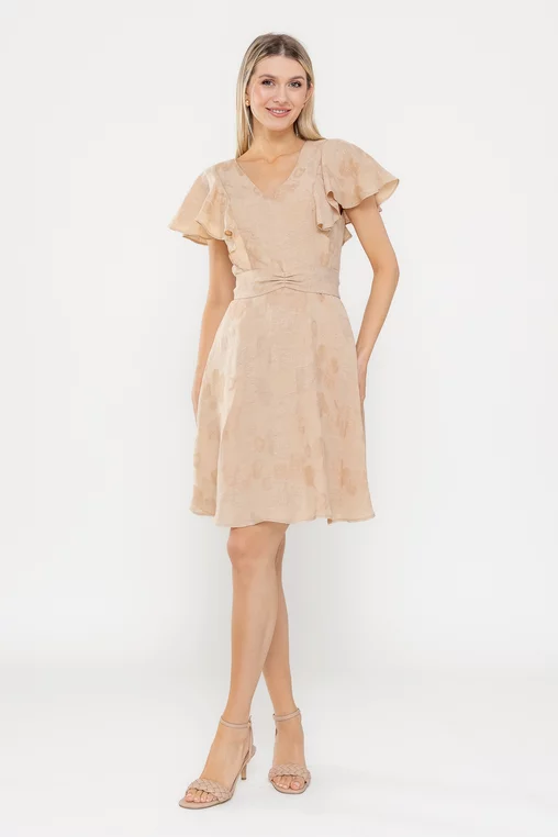 Rochie Caramel din in cu cordon și volane bej R8543 picture - 1