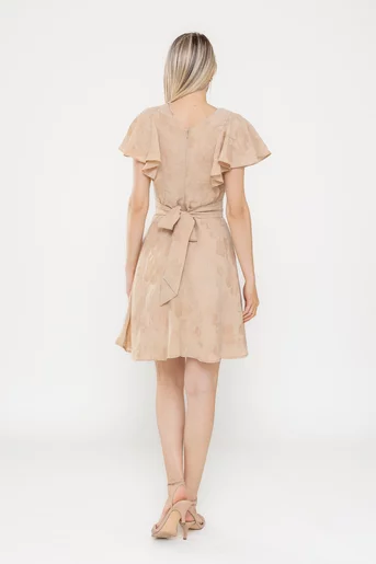 Rochie Caramel din in cu cordon și volane bej R8543