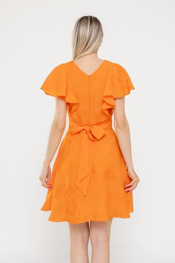 Rochie Caramel din in cu cordon și volane orange R8543
