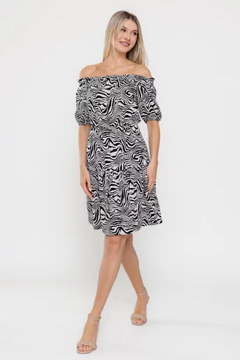 Rochie Caramel din in imprimeu zebră alb-negru R8548