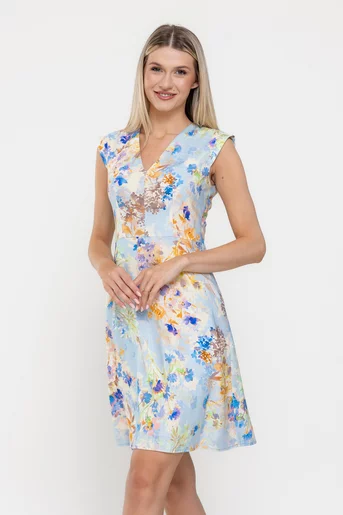 Rochie Caramel din in imprrimeu floral bleu R8542