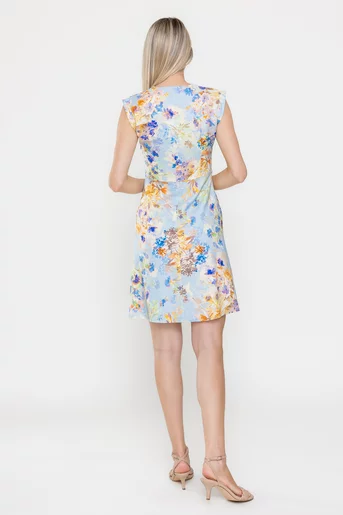 Rochie Caramel din in imprrimeu floral bleu R8542