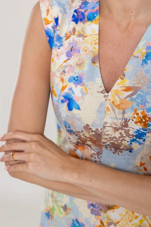 Rochie Caramel din in imprrimeu floral bleu R8542 picture - 4