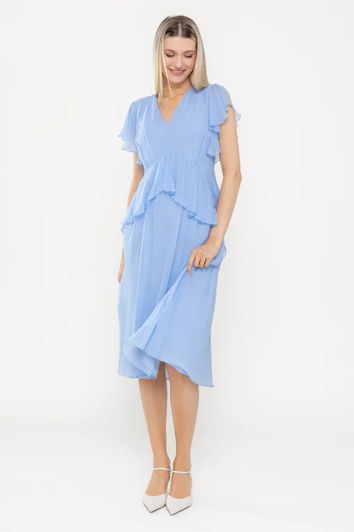 Rochie Caramel elegantă mătase naturală cu volan bleu R8539 picture - 4