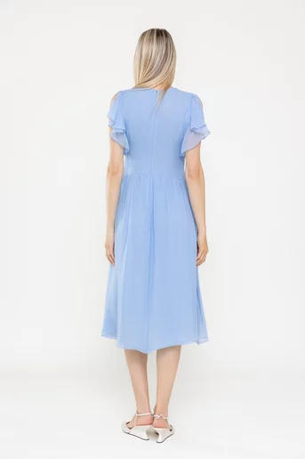 Rochie Caramel elegantă mătase naturală cu volan bleu  R8539