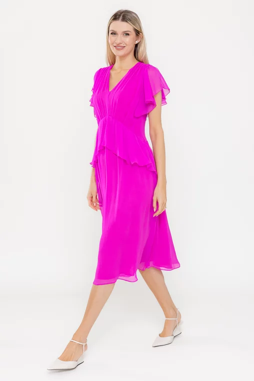 Rochie Caramel elegantă mătase naturală cu volan fucsia R8539 picture - 5