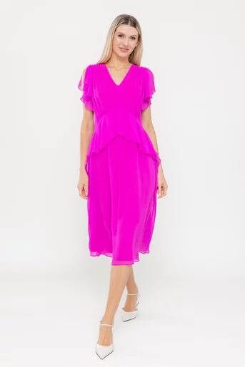 Rochie Caramel elegantă mătase naturală cu volan fucsia  R8539