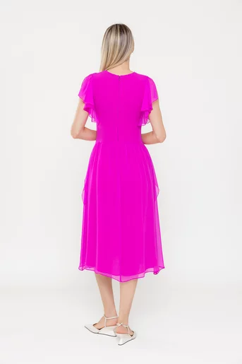 Rochie Caramel elegantă mătase naturală cu volan fucsia  R8539