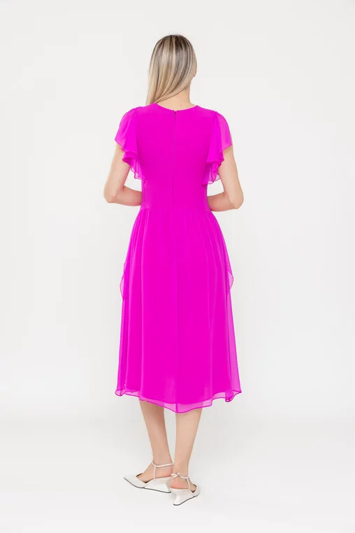Rochie Caramel elegantă mătase naturală cu volan fucsia R8539 picture - 2