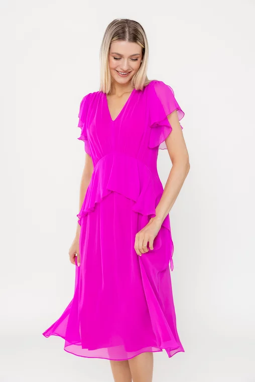 Rochie Caramel elegantă mătase naturală cu volan fucsia R8539 picture - 3