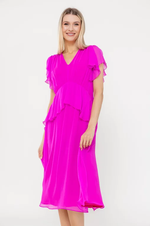 Rochie Caramel elegantă mătase naturală cu volan fucsia R8539 picture - 6