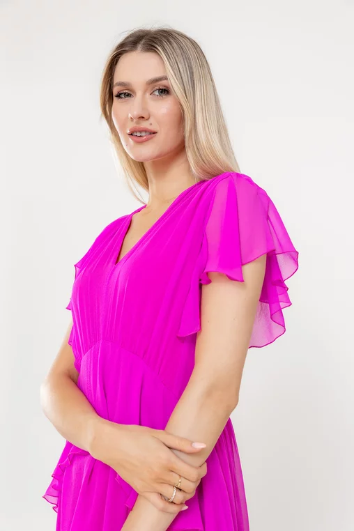 Rochie Caramel elegantă mătase naturală cu volan fucsia R8539 picture - 4