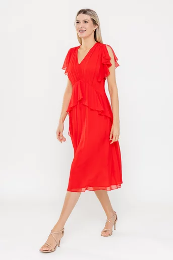 Rochie Caramel elegantă mătase naturală cu volan roșie R8539