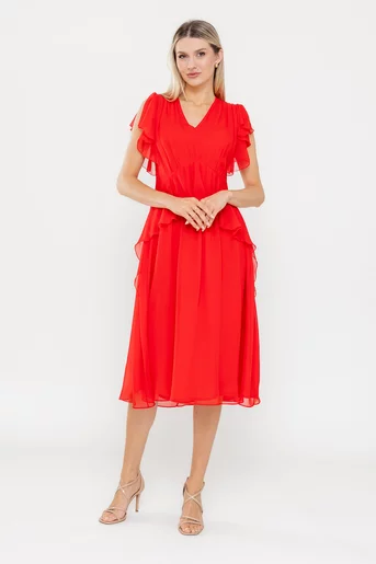 Rochie Caramel elegantă mătase naturală cu volan roșie R8539