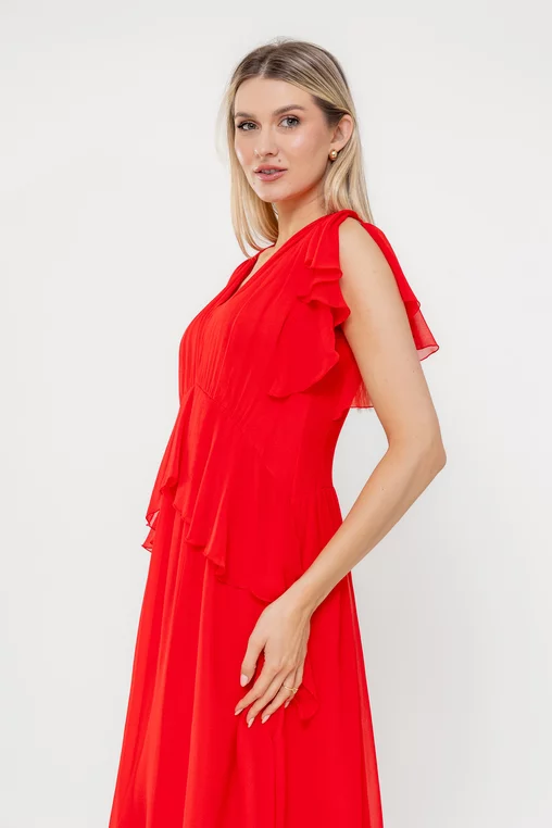 Rochie Caramel elegantă mătase naturală cu volan roșie R8539 picture - 3