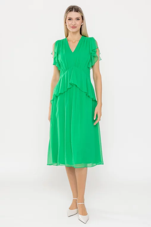 Rochie Caramel elegantă mătase naturală cu volan verde R8539 picture - 5