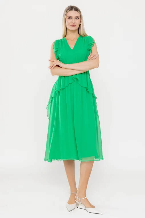 Rochie Caramel elegantă mătase naturală cu volan verde R8539 picture - 7