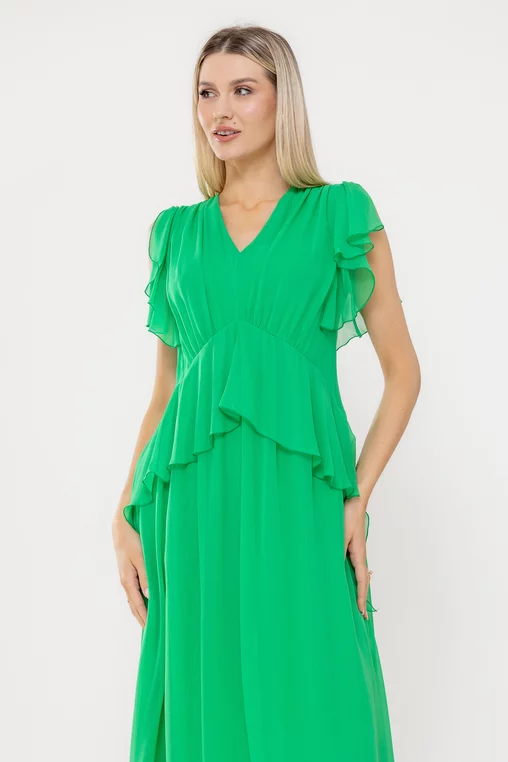 Rochie Caramel elegantă mătase naturală cu volan verde R8539 picture - 4