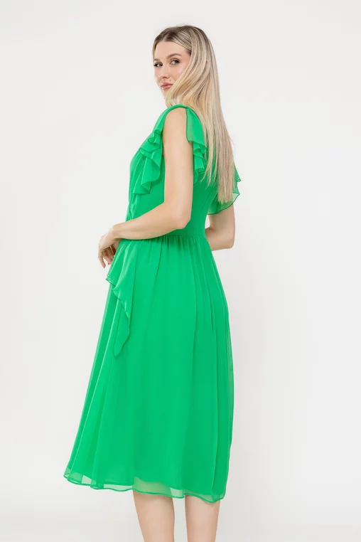 Rochie Caramel elegantă mătase naturală cu volan verde R8539 picture - 6