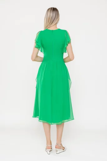 Rochie Caramel elegantă mătase naturală cu volan verde R8539