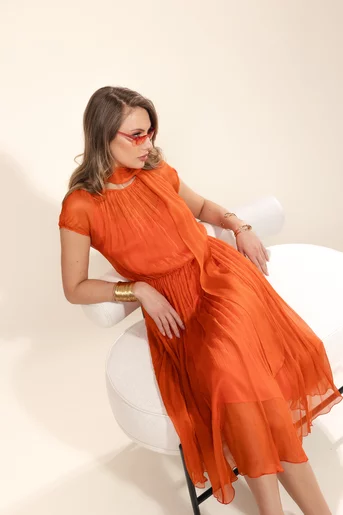 Rochie Caramel elegantă mătase naturală orange R8516