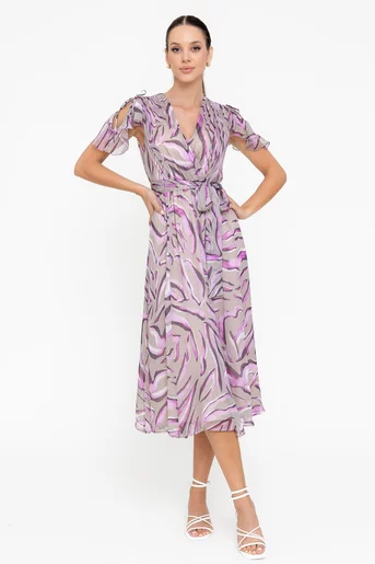 Rochie Caramel elegantă vâscoză imprimată și fir lame mov R8545