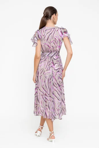 Rochie Caramel elegantă vâscoză imprimată și fir lame mov R8545