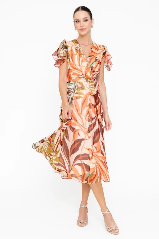 Rochie Caramel elegantă vâscoză imprimată și fir lame portocalie R8545 picture - 1