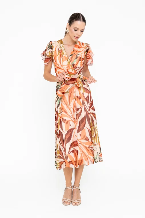 Rochie Caramel elegantă vâscoză imprimată și fir lame portocalie R8545 picture - 6