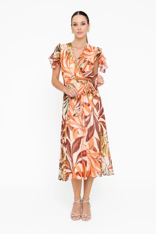 Rochie Caramel elegantă vâscoză imprimată și fir lame portocalie R8545 picture - 7
