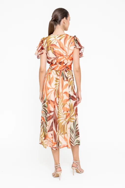 Rochie Caramel elegantă vâscoză imprimată și fir lame portocalie R8545 picture - 2