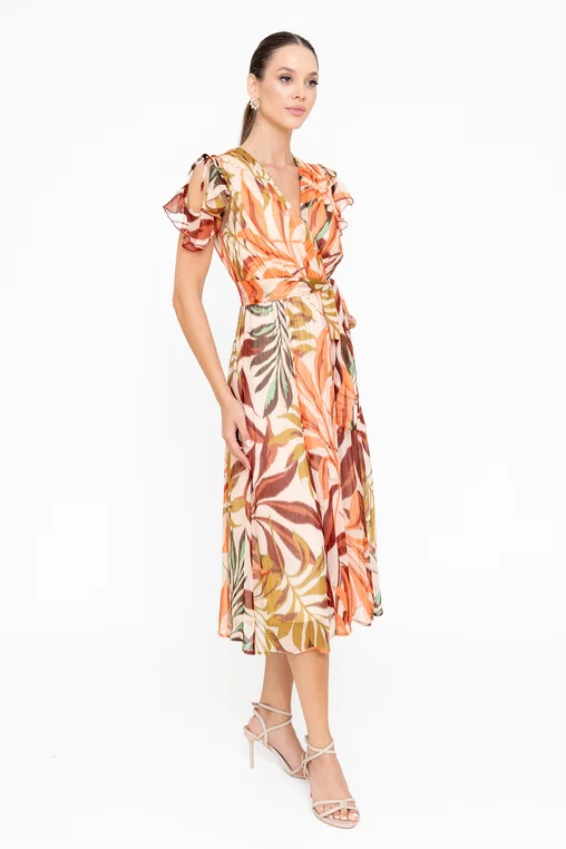 Rochie Caramel elegantă vâscoză imprimată și fir lame portocalie R8545 picture - 5
