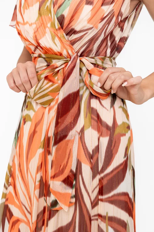 Rochie Caramel elegantă vâscoză imprimată și fir lame portocalie R8545 picture - 4