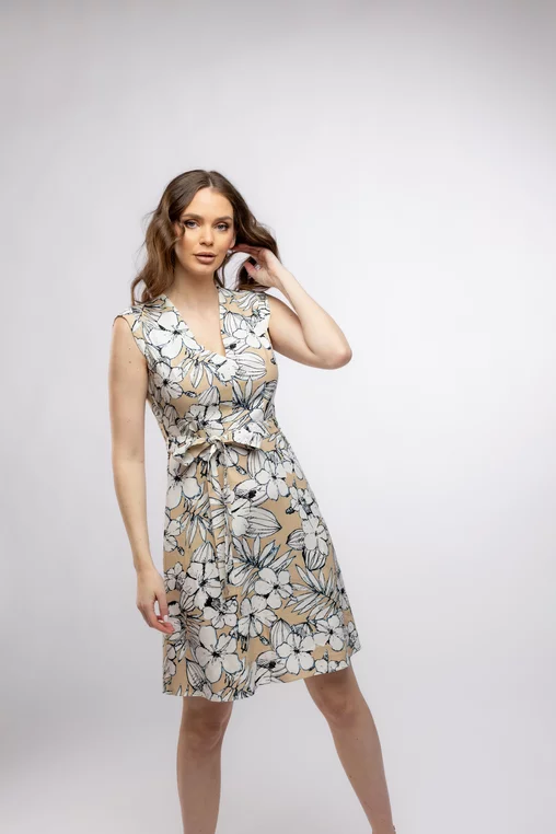 Rochie Caramel evazată in cu imprimeu floral bej R8435 picture - 3