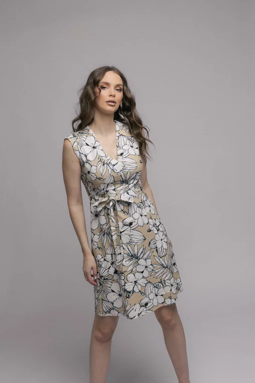 Rochie Caramel evazată in cu imprimeu floral bej R8435 picture - 7