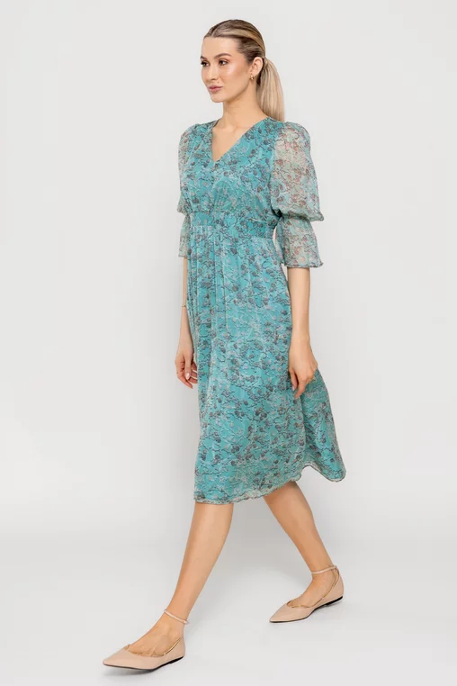 Rochie Caramel imprimeu floricele turcoaz R8512 picture - 4