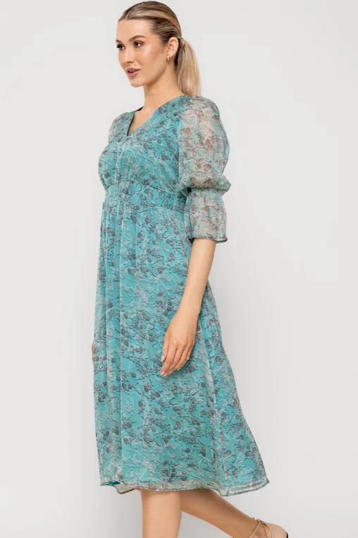 Rochie Caramel imprimeu floricele turcoaz R8512 picture - 5