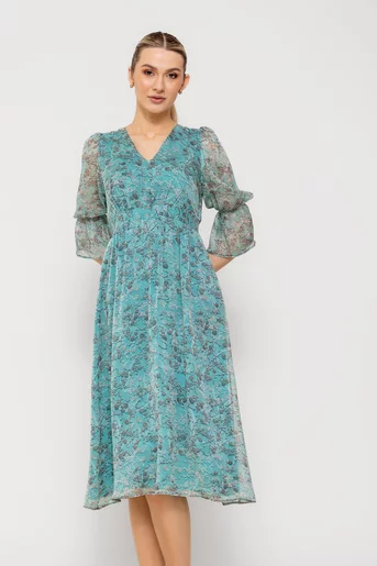 Rochie Caramel imprimeu floricele turcoaz R8512