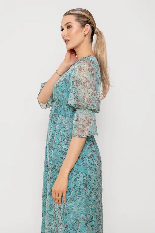 Rochie Caramel imprimeu floricele turcoaz R8512 picture - 9