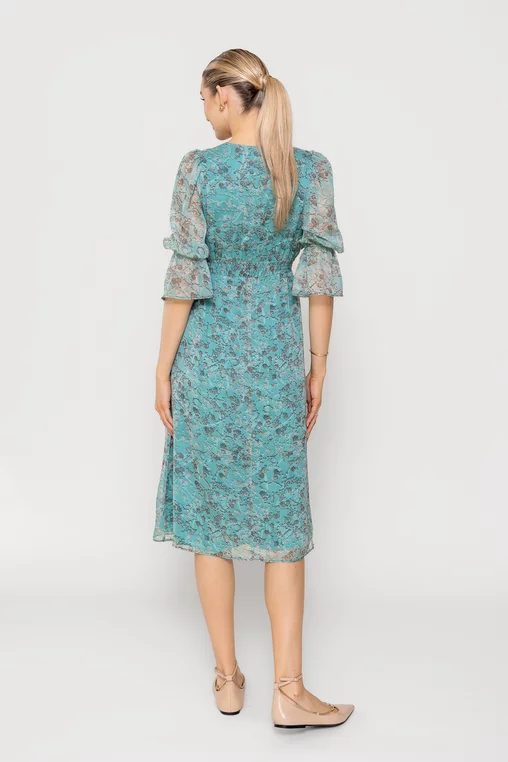 Rochie Caramel imprimeu floricele turcoaz R8512 picture - 3