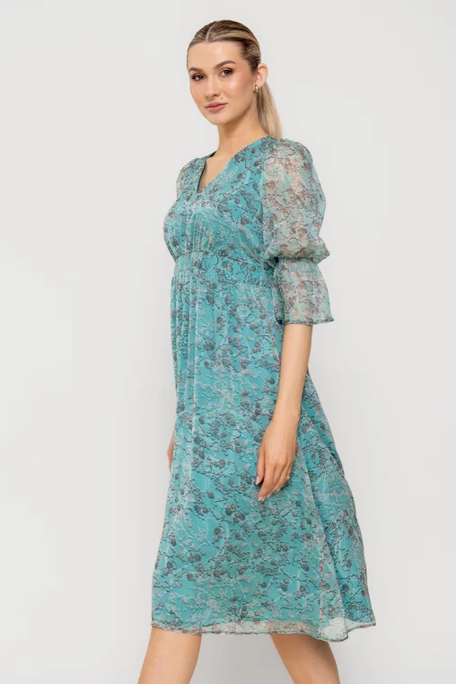 Rochie Caramel imprimeu floricele turcoaz R8512 picture - 7