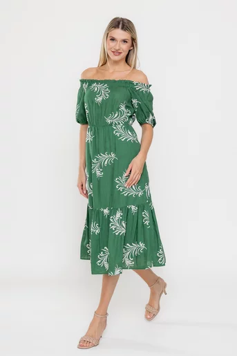 Rochie Caramel in cu frunze brodate verde R8533