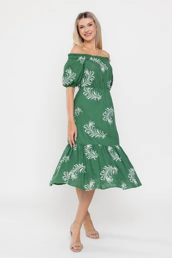 Rochie Caramel in cu frunze brodate verde R8533